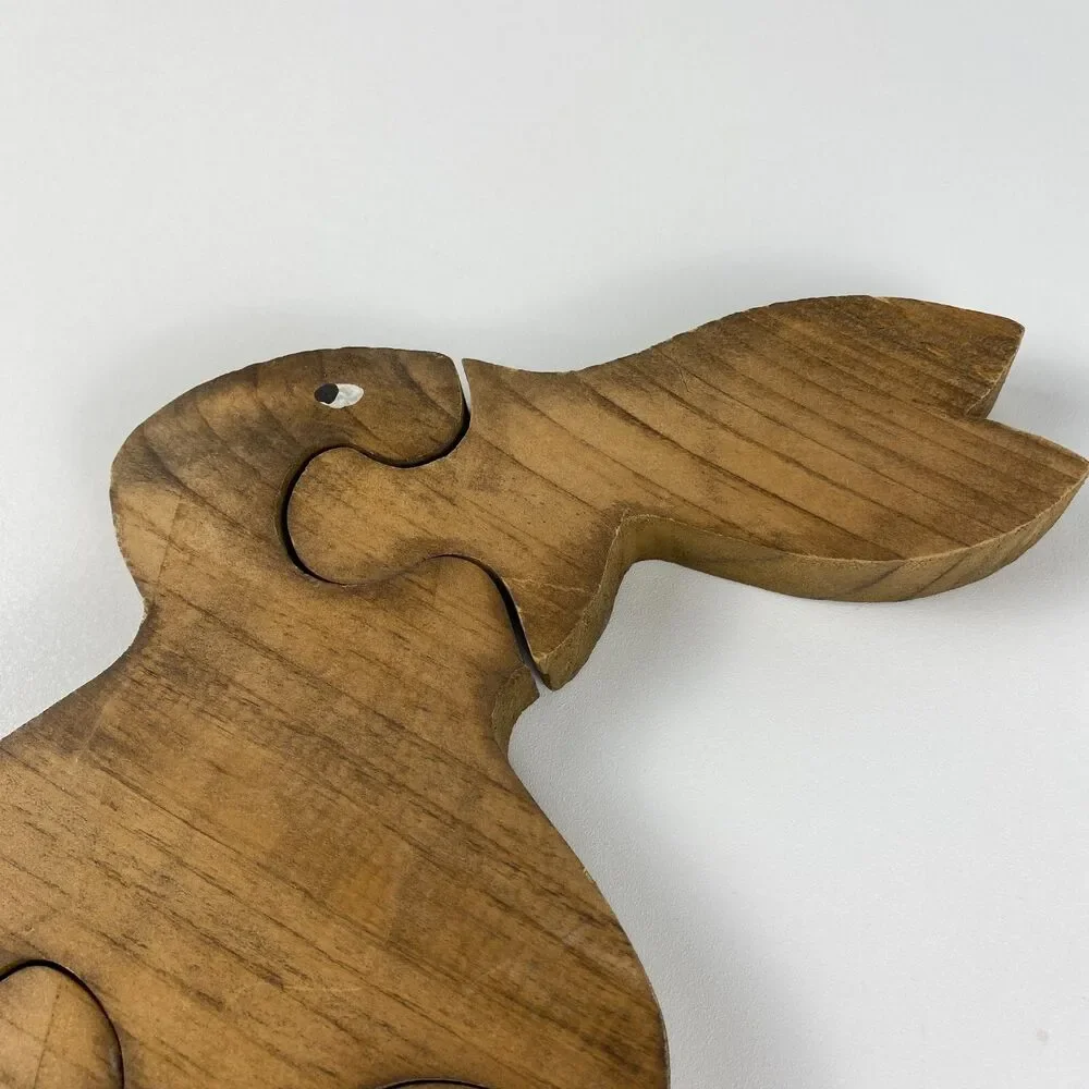 VTG Handmade Stained Wooden Bunny Jigsaw Puzzle Figurine Retro Decor 9
